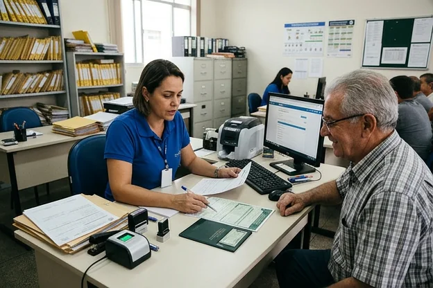 Profissional auxiliando cliente na renovação de CNH em Muriaé.