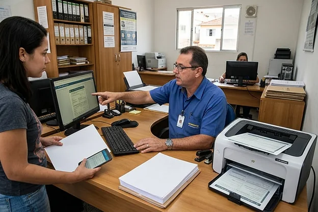 Profissional do despachante auxiliando na impressão do CRLV-e em Muriaé.